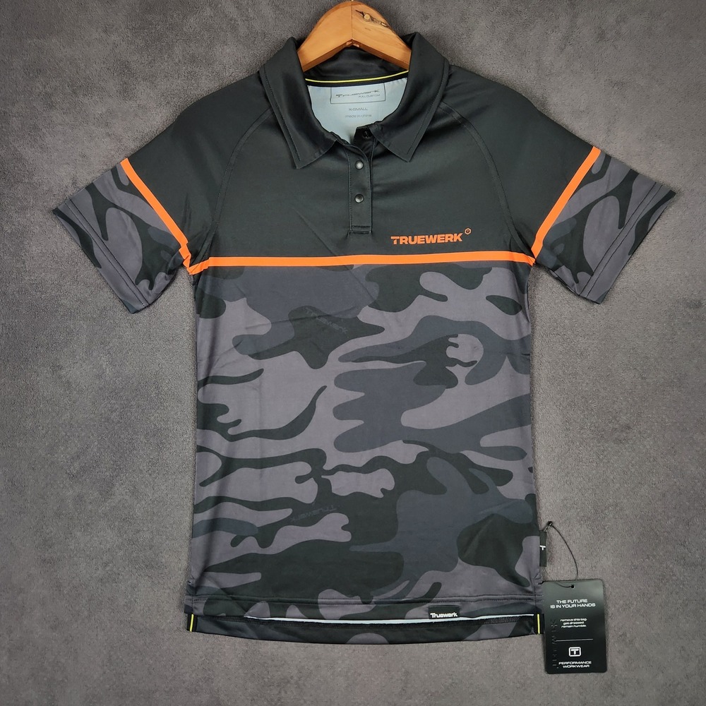 Truewerk T.5 Polo Womens XS Black Gray Camo Orange Short Sleeve Performance NEW‎